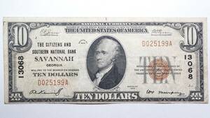 アメリカ合衆国 10ドル紙幣 1929年 国法銀行券 ジョージア州 The Citizens & Southern National Bank Of Savannah TEN DOLLARS