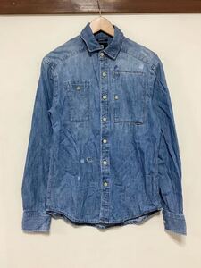 そ1439 G-STAR RAW ジースターロウ デニム長袖シャツ XS スリムフィット ユーズド加工 ダメージ加工 ワークシャツ