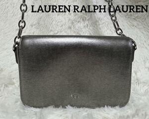 【未使用級】LAUREN RALPH LAUREN シルバー ショルダーバッグ　ローレンラルフローレン ロゴ フラップ チェーン ショルダーバッグ