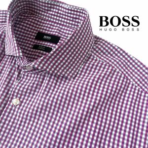 美品 ヒューゴ ボス HUGO BOSS ワイドカラー チェック 長袖シャツ 43A 17 (日本XL) パープル グレー ホワイト ギンガムチェック柄 シャツ 