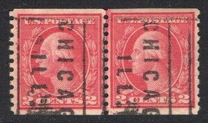 アメリカ切手　1908年シリーズ 輪転印刷コイル切手　２￠切手 Joint Line ペア　使用済（#492）