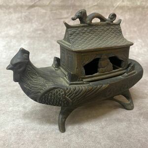 珍品 中国清朝？ 青銅製 鳳凰頭 舟 仙人 香炉 1.68k 金属工芸 古美術 香道具 時代物 銅器 骨董 飾り 置物 インテリア 年代物 レア