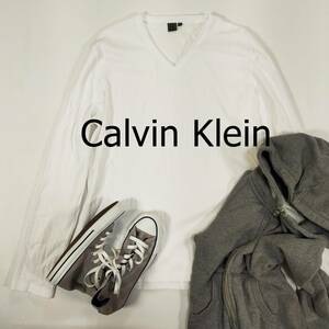 カルバンクライン Calvin Klein ロンT L ホワイト 白 Vネック 長袖 シンプル ストライプ生地 プルオーバー カジュアル 1924