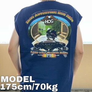 ヘインズ ハーレーダビッドソンHOG ノースリーブプリントTシャツ ネイビー 紺