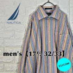 V308【NAUTICA】長袖ボタンシャツ【メンズ17½ 32/33】ストライプ