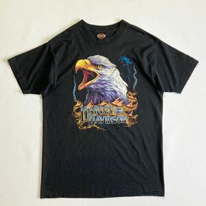 良好☆ビッグサイズ 90s USA製 HARLEY-DAVIDSON 両面プリント Tシャツ XL 黒 ビンテージ 3Dエンブレム 鷲 ブラック 80s 