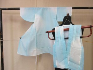 1円 良品 化繊 男児 絽 縮緬 夏物 水色 暈し グラデーション 可愛い 高級 袷 被布セット 身丈78cm 身巾40cm【夢職】★★★