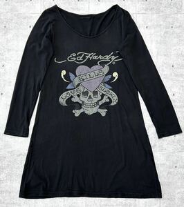 Ed Hardy Uネック Tシャツ ワンピース ロンT ひざ丈 エドハーディー　　染み込みプリント 長袖 ロングスリーブ カットソー ロング丈 早3839