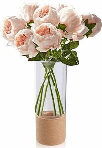 花瓶 おしゃれ 北欧 大きい ガラス 透明 円柱 木製 花瓶 高さ22/24cm 手作り フラワーベース ドライフラワー インテリア 花器 (H24cm)