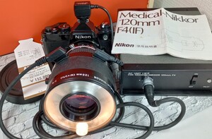 【委託品】 Nikon FE＋Medical NIKKOR 120mm f4 レンズ付き シャッターOK 速度変化有り レンズ先端発光OK ニコン フィルム 1円スタート