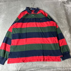 POLO by RALPH LAUREN ボーダー 長袖ポロシャツ ラガーシャツ風　ラルフローレン 長袖 トップス　ふとボーダーXLレッドグリーンネイビー