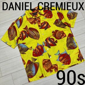 90s■DANIEL CREMIEUX■熱帯魚 魚 麻混 リネン アロハシャツ L イエロー オレンジ ブルー オープンカラー 開襟 総柄 ヴィンテージ オールド