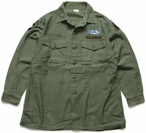 ★60s 米軍 U.S.ARMY AIRBONE パッチ付き コットンサテン ユーティリティシャツ オリーブグリーン 16.5★ビンテージ ミリタリー ワッペン