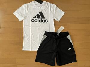 送料込み!! 新品 adidas アディダス 快適!! ピッグロゴ 半袖Tシャツ（白）・リフレクターで安心!! 3ストライプパンツ（黒） 上下 即決