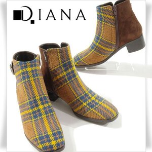 新品1円～★定価2.7万 DIANA WELL FIT ダイアナ ウェルフィット レディース 日本製 牛革ベルトデザインブーツ 24.0cm チェック ◆A1574◆