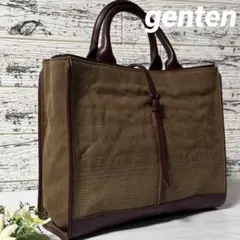 [美品] genten キャンバスレザーハンドバッグ ミモザトートバッグ