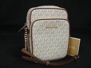 1円 ■極美品■ MICHAEL KORS マイケルコース MK柄 PVC×レザー チェーン ショルダーバッグ クロスボディ アイボリー系 FA8627