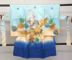 ☆子供用☆男の子 3歳用 着物と長襦袢セット 水色～青 鶴 刺繍 金銀糸 金銀彩 一つ身☆七五三/正月