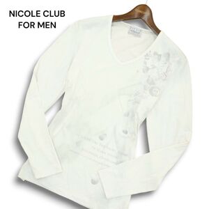 NICOLE CLUB FOR MEN ニコルクラブ フォーメン ローズ★ プリント 長袖 Vネック カットソー ロンTシャツ Sz.48　メンズ 薄灰　A4T09276_8#F