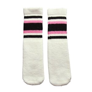 SkaterSocks ベビー キッズ 子供 ロングソックス 靴下 Kids White tube socks with Black-Bubblegum Pink stripes style 4 (10インチ)