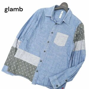 glamb グラム 通年 スター 切替★ 長袖 シャンブレー デニム シャツ Sz.3　メンズ 日本製　C4T02308_3#C