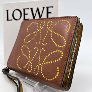 【極美品】LOEWE ロエベ 折り財布 ミニ コンパクトジップウォレットファスナー アナグラム レザー ロゴ ブラウン系 タン レディース メンズ