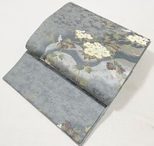 送料無料 美品 葡萄に花草模様 金×銀×グレー 正絹 六通 袋帯 フォーマル 仕立て上がり リサイクル