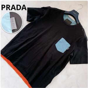 美品●PRADA【現行モデル】プラダ Tシャツ 半袖 ナイロン ネイビー プラダジャパン 正規品 ストレッチ トリカラー メンズ 大きいサイズ