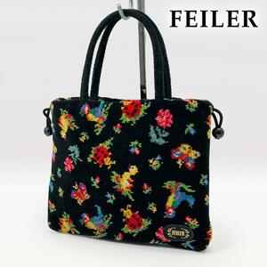 美品◎フェイラー ハイジ アヒル ハンドバッグ ミニバッグ 巾着 ブラック 黒 FEILER ミニトート あひる 鳥 花 てんとう虫 蝶々