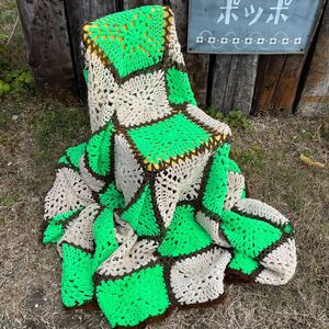 【USA vintage】Granny Blanket beige × green グラニーブランケット　大判サイズ　アメリカ　ビンテージ