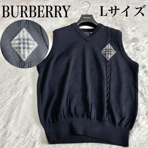 美品 希少 BURBERRY 大きいサイズ 羊毛 ノバチェック ニット ベスト Lサイズ 黒 ブラック