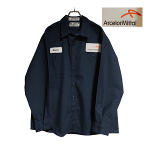 aramark 長袖ワークシャツ size L ネイビー ゆうパケットポスト 胸 ワッペン Arcelor Mittal アルセロールミッタル 古着 洗濯 プレス済 962