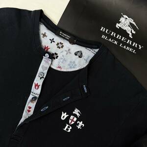 激レア 名作 BURBERRY BLACK LABEL バーバリーブラックレーベル 長袖ヘンリーネックシャツ 襟元 前立モノグラム 黒 日本製 2(M) #2878