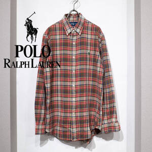 M / 90s POLO RALPH LAUREN ポロ ラルフローレン B.D 長袖シャツ チェック ネルシャツ 赤 緑 カスタムフィット アメカジ カントリー 古着