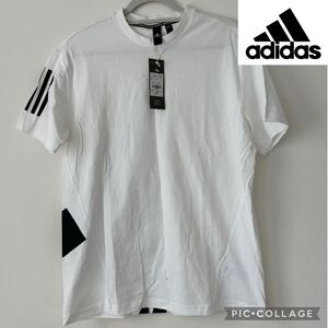 U■タグ付き adidas アディダス メンズ 半袖Tシャツ XLサイズ 白×黒 Tシャツバックプリント スポーツ 定価¥4389 ビッグロゴプリント