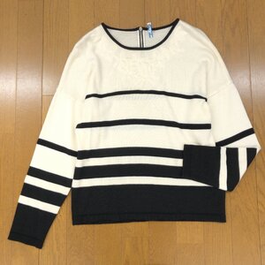 Courreges クレージュ ウールブレンド ボーダー ニット セーター 40(L) 白×黒 日本製 長袖 フラワー刺繍 カットソー レディース 女性用