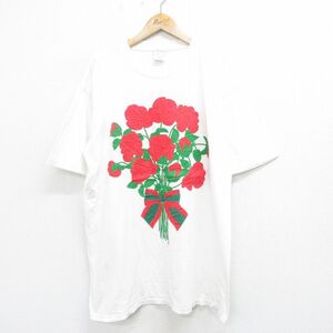 XL/古着 半袖 ビンテージ Tシャツ メンズ 00s 花 大きいサイズ ロング丈 コットン 白 ホワイト 24jul27 中古