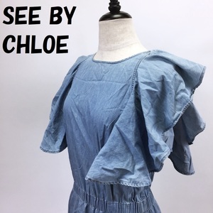 【人気】SEE BY CHLOE/シーバイクロエ フリル袖 フレンチスリーブ ミニワンピース ライトブルー USサイズ4/S1668