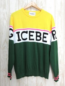 ICEBERG/アイスバーグ：ラージロゴ ニット セーター 切替 コットン サイズL メンズ/中古/USED