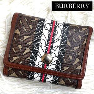 美品 入手困難 / BURBERRY バーバリー TBモノグラムコンパクトウォレット 三つ折り財布 コンパクト財布 PVCレザー TB総柄 ブラウン