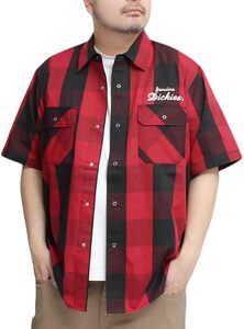 【新品】 L レッド ジェニュイン ディッキーズ(GENUINE DICKIES) 半袖シャツ メンズ 大きいサイズ チェック ストライプ 刺? ツイル ワーク