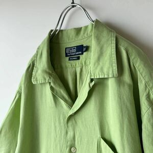 【1円スタート】POLO ポロ ラルフローレン 半袖シャツ XL CALDWELL グリーン 黄緑 リネン シルク オープンカラー ビンテージ アロハシャツ 