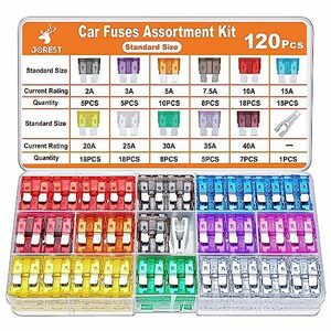 JOREST 120個車 ヒューズ、車/トラック/オートバイ用(2A 3A 5A 7.5A 10A 15A 20A 25A 30A 35A 40A)、標準平型ヒューズ + 1個ヒューズクリッ