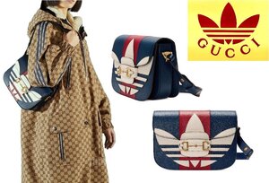 60万新品◆グッチ GUCCI×adidas ホースビット×トレフォイルロゴ ウェブストライプ柄レザーショルダーバッグ 紺×赤 1円