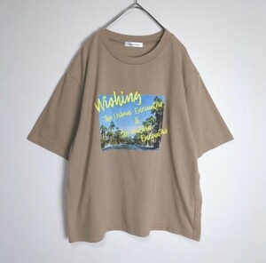 Tシャツ (M) 半袖 プルオーバー プリントデザイン ユニセックス ベージュ系 古着