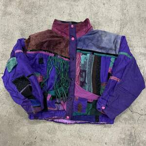 SFR パッチワークジャケット フレンジ付き マルチカラー S ブルゾン 80s 90s jacket レザー コットン ウール シルク ベロア 柄 USA