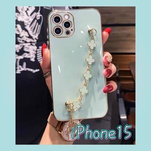 iPhone 15 花 チェーン グリーン スマホケース 大人可愛い