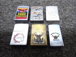 【送料無料】Sh0115-01◯Zippo ジッポー オイルライター 1990年代 6点セット Hang Loose Hawai ルアー柄 SOLID BRASS Zippo ロゴ 柄サ