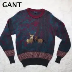 GANT 90s ウール デザインニット アニマル刺繍 鹿 香港製 ボルドー M