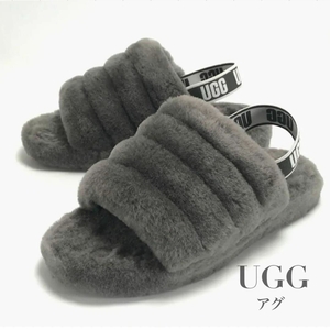 UGG アグ ファー ムートン フラッフ イヤー スライド サンダル スリッパ ルームシューズ 室内履き チャコール レディース バックストラップ